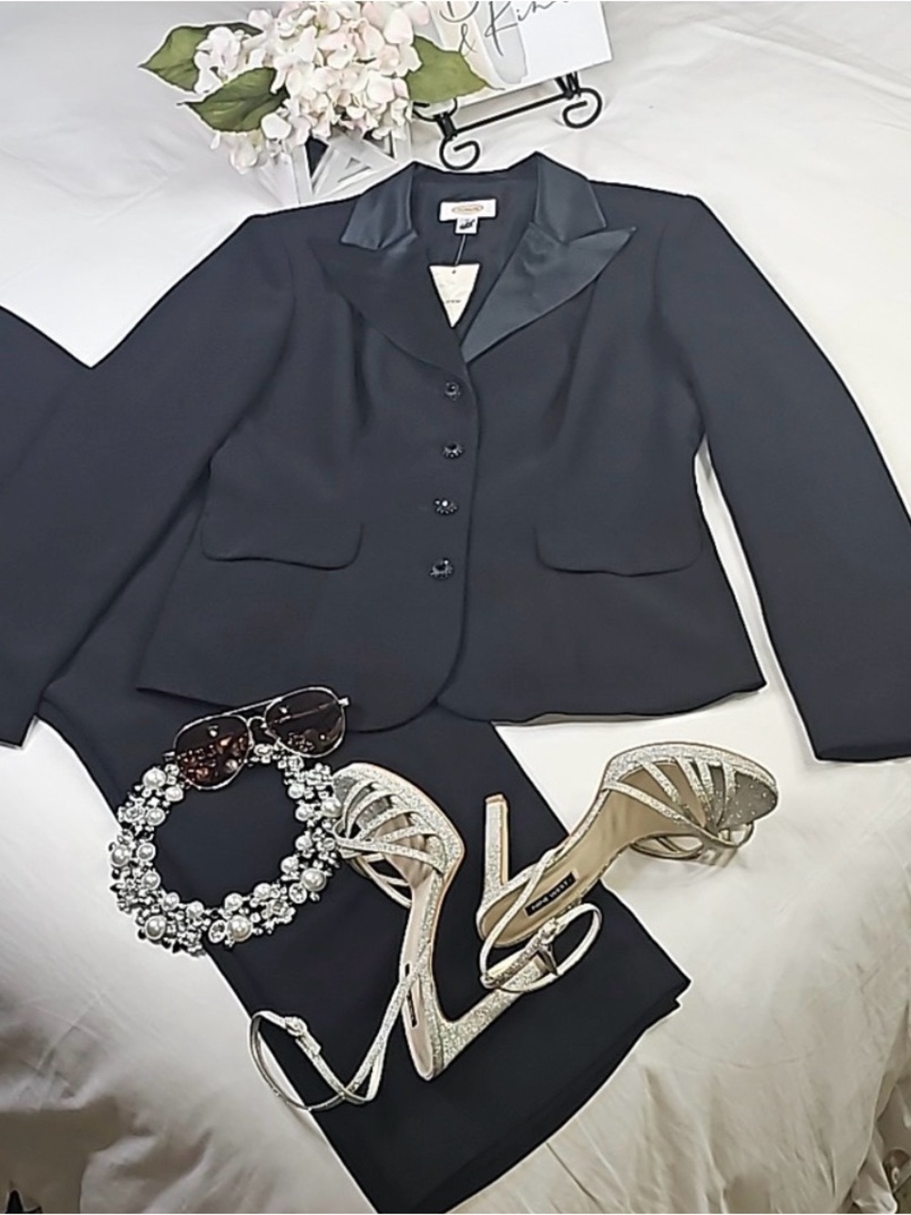 Talbots Black Tuxedo Suit 2 Piece Silk Lapel Blazer Tailored Pants